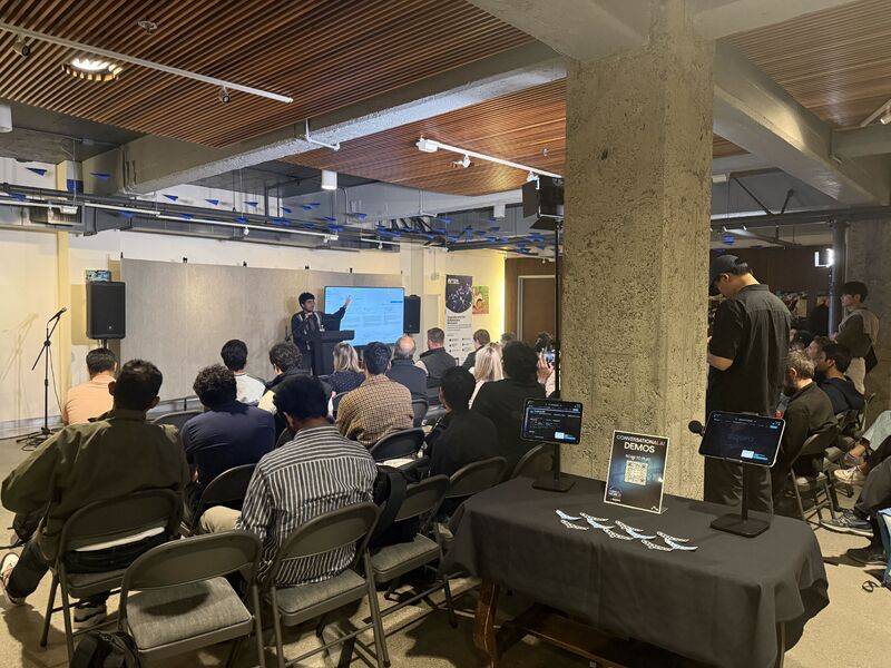 Abhived Pulapaka giving a live Bluejay demo at the Scaling Voice AI event during SF Tech Week 2026