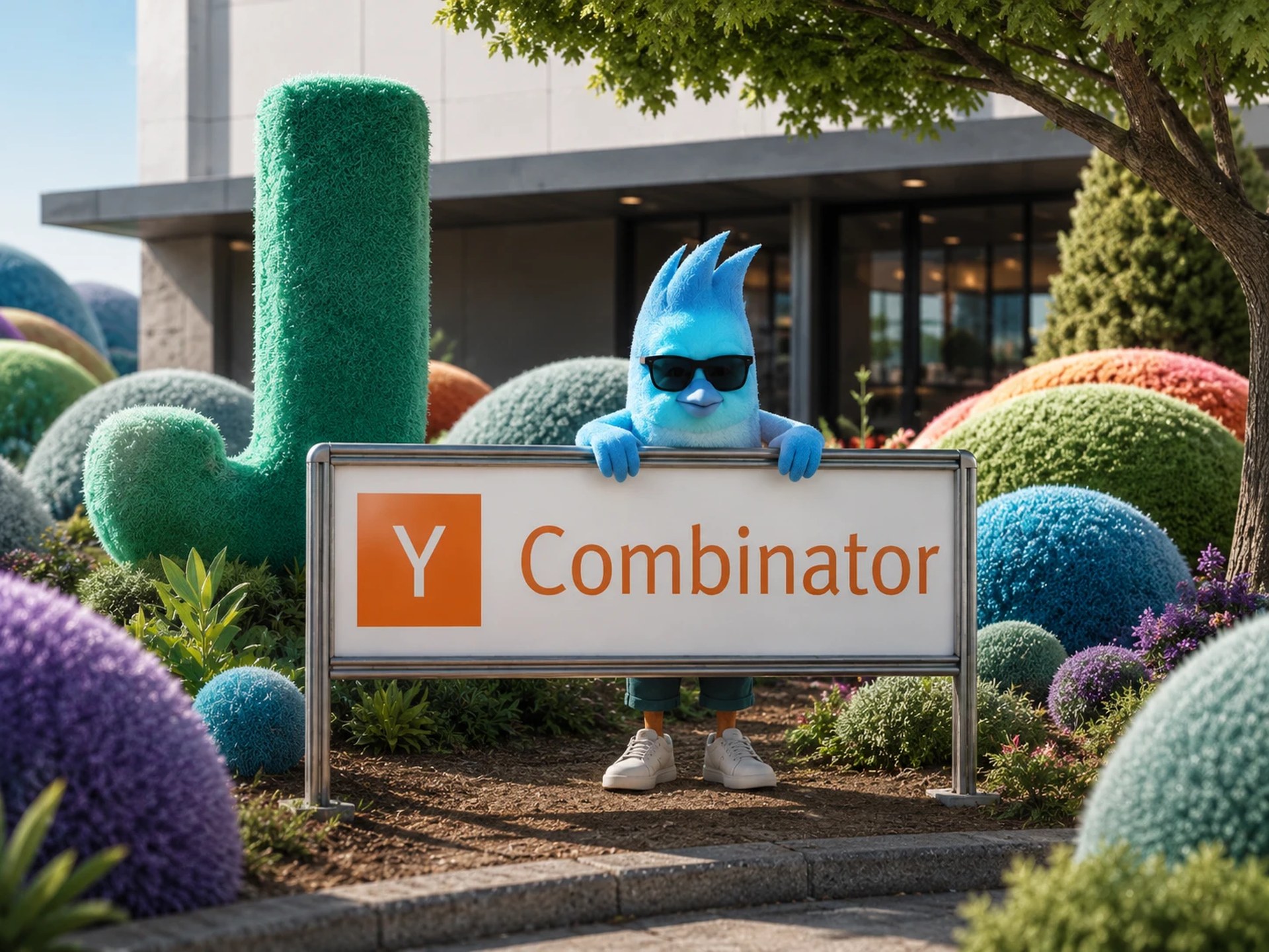 The Bluejay mascot leaning on the Y Combinator sign, surrounded by colorful topiary